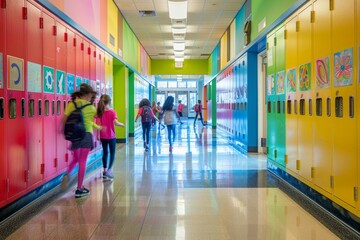A group of kids walking down a school hallway beside vibrant lockers