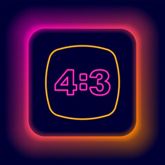 Glowing neon line Photo frame 4-3 icon isolated on black background. 16-9 photo size. Camera sensor size. Colorful outline concept. Vector