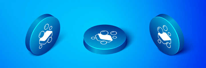 Isometric Bar of soap icon isolated on blue background. Soap bar with bubbles. Blue circle button. Vector