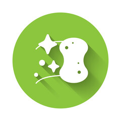 White Sponge icon isolated with long shadow background. Wisp of bast for washing dishes. Cleaning service logo. Green circle button. Vector