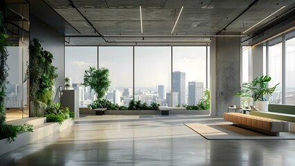 Obraz premium Urban oasis: A biophilic minimalist design with city views and green touches. Concept Biophilic Design, Urban Oasis, Minimalist Style, City Views, Green Touches