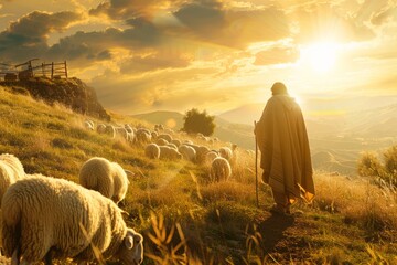 A shepherd-like man, Jesus Christ, stands on a lush green hillside with golden sunlight casting a...