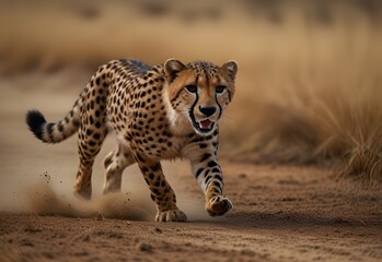 A cheetah sprinting on a tan background, generative AI