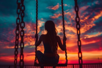 A woman sits on a swing as the sun sets, creating a silhouette against a colorful sky filled with hues of orange and pink