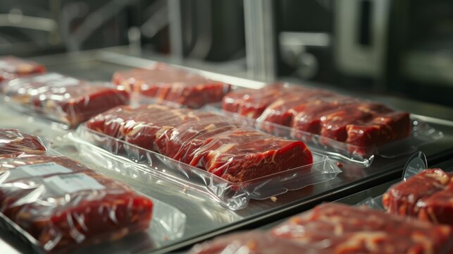 the packaging process, with freshly cut beef products being vacuum-sealed or wrapped for freshness