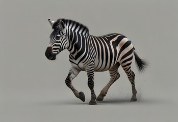 A zebra trotting on a light gray background, generative AI