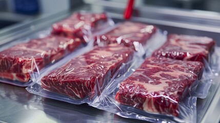 the packaging process, with freshly cut beef products being vacuum-sealed or wrapped for freshness
