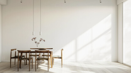 A white room with a wooden table and chairs. The table is surrounded by four chairs, and a vase with flowers is placed on it. The room is empty, giving it a clean and minimalist look