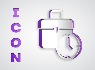Paper cut Work time icon isolated on grey background. Office worker. Working hours. Business briefcase. Paper art style. Vector