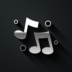 Silver Music note, tone icon isolated on black background. Long shadow style. Vector