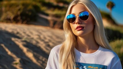 portrait of a beautiful white woman in sunglasses at the beach, summer day trip enjoyment