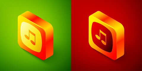 Isometric Music note, tone icon isolated on green and red background. Square button. Vector