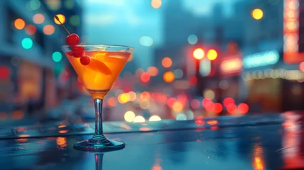 Retro Neon Cocktail Night Poster with Vibrant Cityscape Reflections