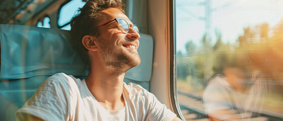 A man is smiling and looking out the window of a train