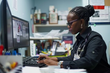 A black woman doctor is seated at a desk, focused on using a computer amidst medical charts and equipment in a professional setting