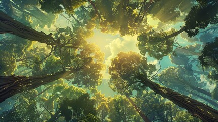 The lush canopy of a dense forest, seen from below. Sunlight filters through the leaves, creating a dappled pattern on the ground.