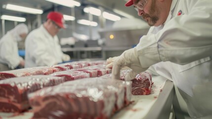 photo shot of quality control inspectors conducting rigorous checks on packaged beef products, ensuring they meet industry standards