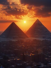 Iconic Pyramids and Cityscape: Captivating View from Giza Plateau, Cairo