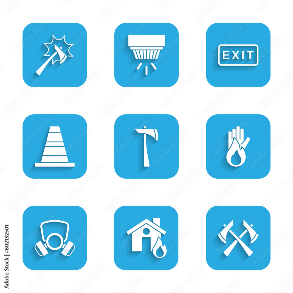 Sticker Set Firefighter axe, in burning house, No fire, Gas mask, Traffic cone, exit and icon. Vector