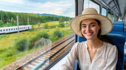A woman wearing a straw hat is smiling at the camera while sitting on a train - Powered by Adobe