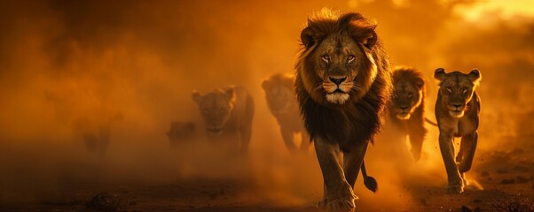 A regal lion leads a group of lions through a dimly lit, dusty landscape, illustrating leadership and dominance.