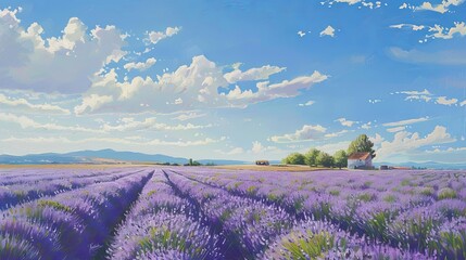 A beautiful day in the lavender fields of Provence. The sun is shining, the birds are singing, and the air is filled with the scent of lavender.
