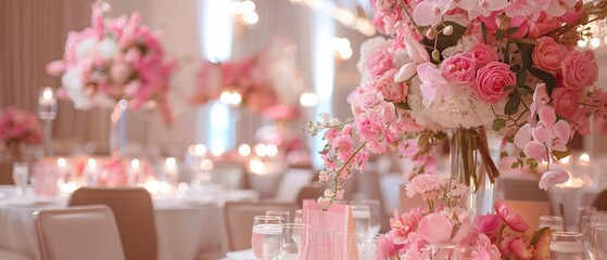A romantic wedding venue adorned with elegant pink floral arrangements.