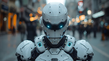 Robotic Armored Figure Symbolizing Immunity Against Viral Threats in Vibrant Urban Nightscape