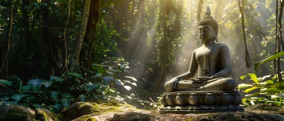 Buddha statue meditating in lush forest dappled sunlight