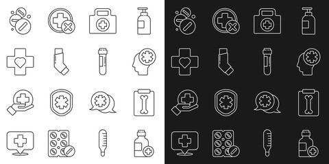 Set line Bottle of medicine syrup, X-ray shots, Male head with hospital, First aid kit, Inhaler, Heart cross, Medicine pill or tablet and Test tube blood icon. Vector