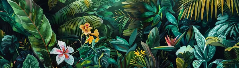 Obraz premium A lush tropical jungle scene with various plants and flowers. The colors are vibrant and bright. The image has a painterly quality.