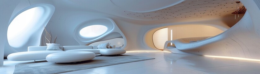 Futuristic living room with smooth white curves and minimalist furniture