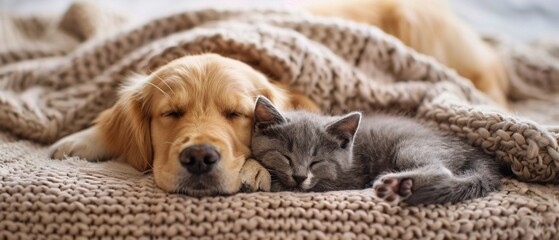 Golden retriever puppy and gray kitten on blanket soft