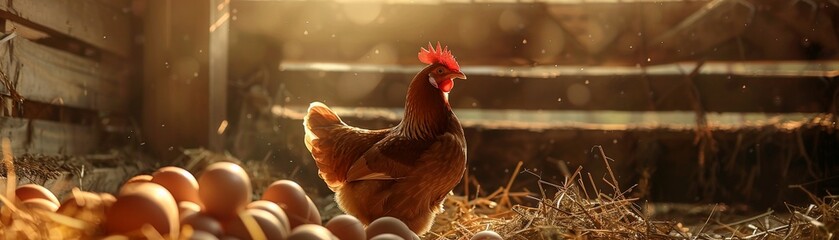 Hen among eggs in a rustic barn the central figure in a warm