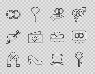 Set line Wedding arch, Key heart shape, rings, Woman shoe, Greeting card, Cylinder hat and icon. Vector