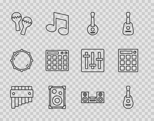 Set line Pan flute, Guitar, Banjo, Stereo speaker, Maracas, Drum machine, Home stereo and icon. Vector
