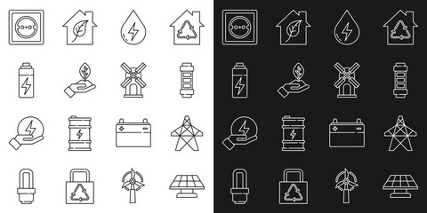 Set line Solar energy panel, Electric tower, Battery, Water, Plant in hand, Electrical outlet and Wind turbine icon. Vector