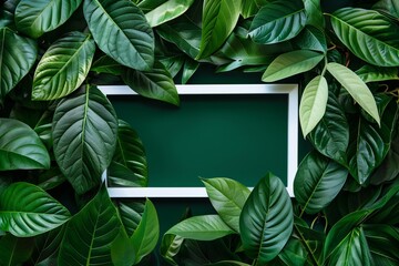 Abstract white frame amid lush green leaves with space for text