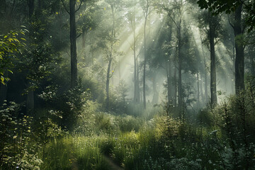 Rays of sunlight creating a magical atmosphere in a dense forest clearing.