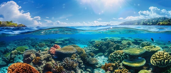 Shallow coral reef under clear blue waters