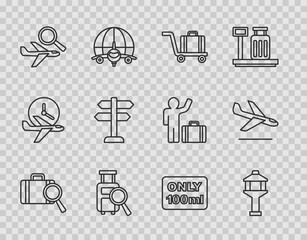 Set line Lost baggage, Airport control tower, Trolley, Airplane search, Road traffic sign, Liquids in carry-on and Plane landing icon. Vector - obrazy, fototapety, plakaty