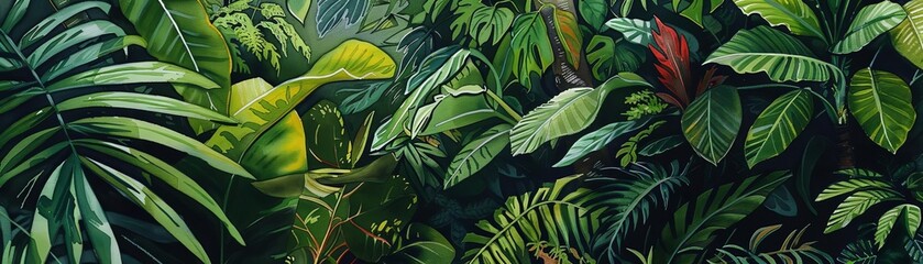 A lush, tropical rainforest with a variety of plants and ferns. The leaves are a deep green color and the sunlight is filtering through the trees.