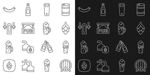 Set line Wooden barrel, Glass of beer, Hop, Bottle opener, Street signboard with Pub, Beer tap, Sausage and icon. Vector