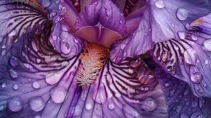 A close-up photograph of a purple iris flower with water droplets on its petals. The flower is in focus, with a blurred background.