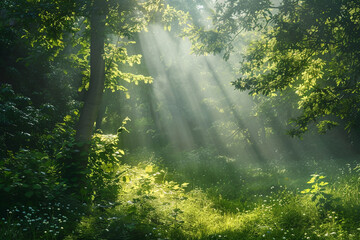 Rays of sunlight creating a magical atmosphere in a dense forest clearing.