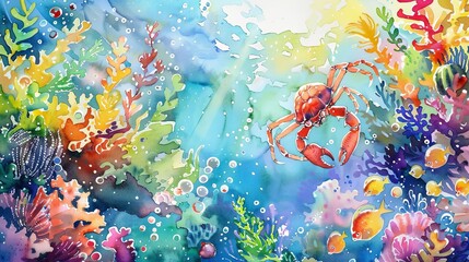 A beautiful watercolor painting of a crab and tropical fish swimming through a coral reef - obrazy, fototapety, plakaty