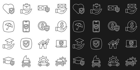 Set line Car accident, Insurance online, Money with shield, Umbrella, Life insurance and icon. Vector