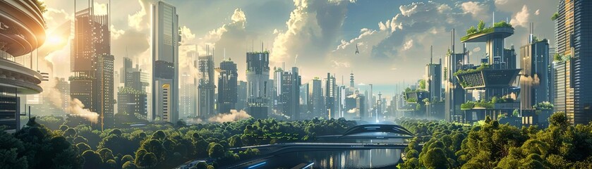 A beautiful digital painting of a futuristic city with a river running through it and green vegetation everywhere