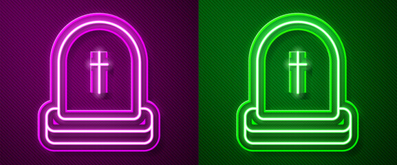 Glowing neon line Tombstone with RIP written on it icon isolated on purple and green background. Grave icon. Happy Halloween party. Vector