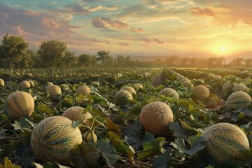A bountiful harvest of cantaloupe melons ripens in the golden sunlight